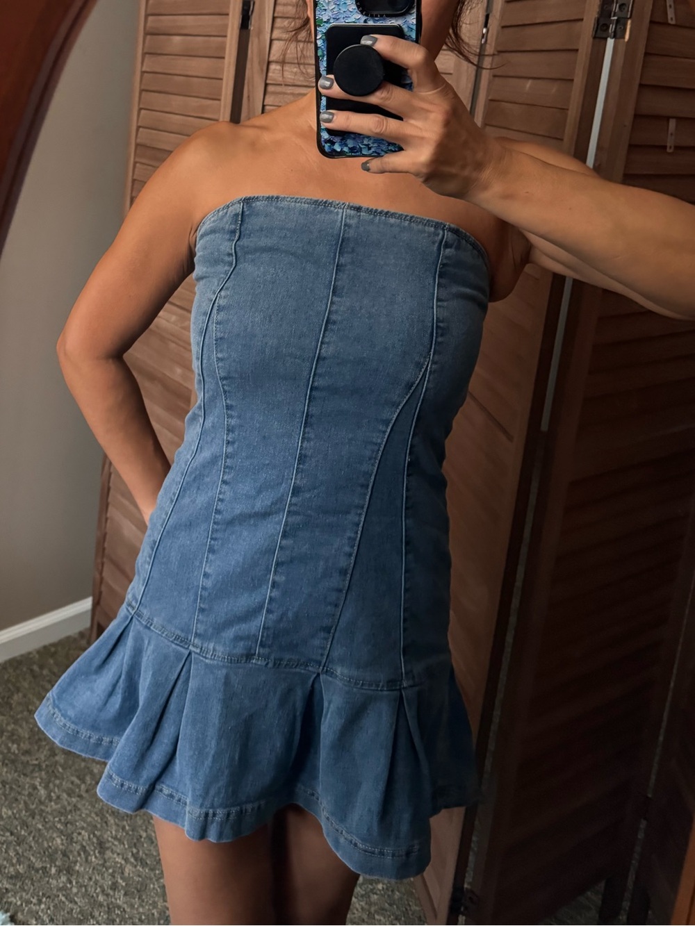 SHEIN Blue Strapless Denim Ruffle-Hem Mini Dress